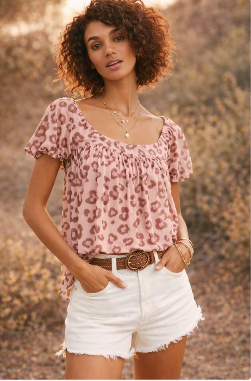 FP Free People Pink Animal Print Black Crop Bubble Hem Blouse Medium Lined